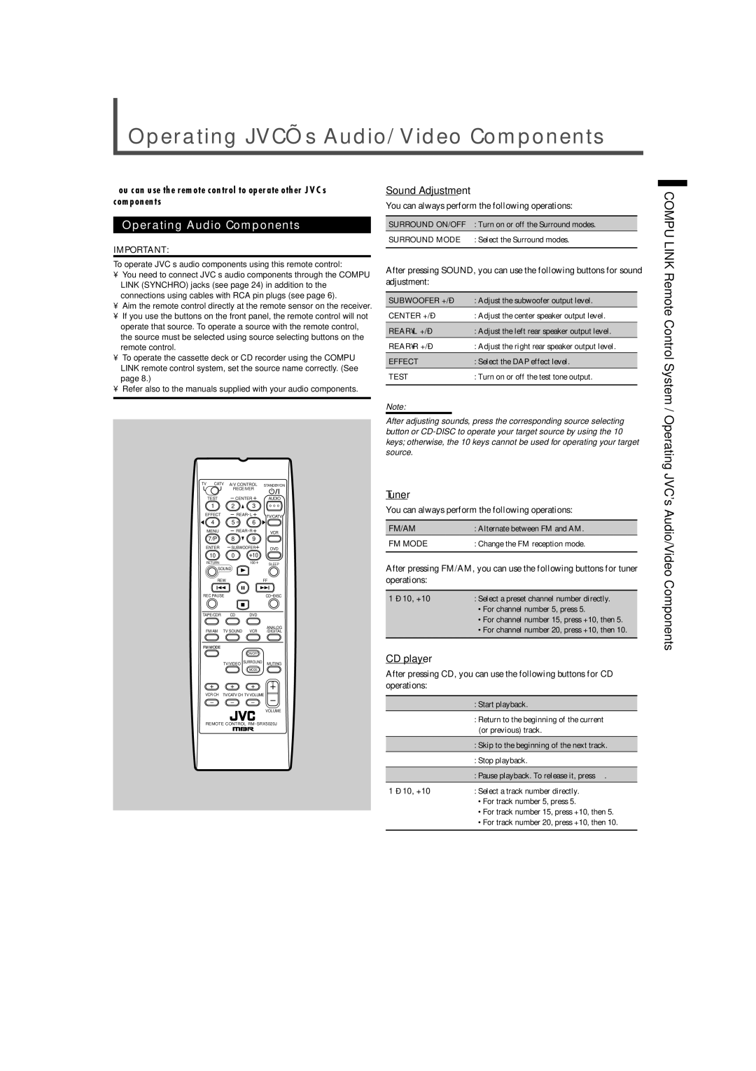 JVC RX-5020VBK Operating JVC’s Audio/Video Components, Operating Audio Components, Sound Adjustment, Tuner, CD player 