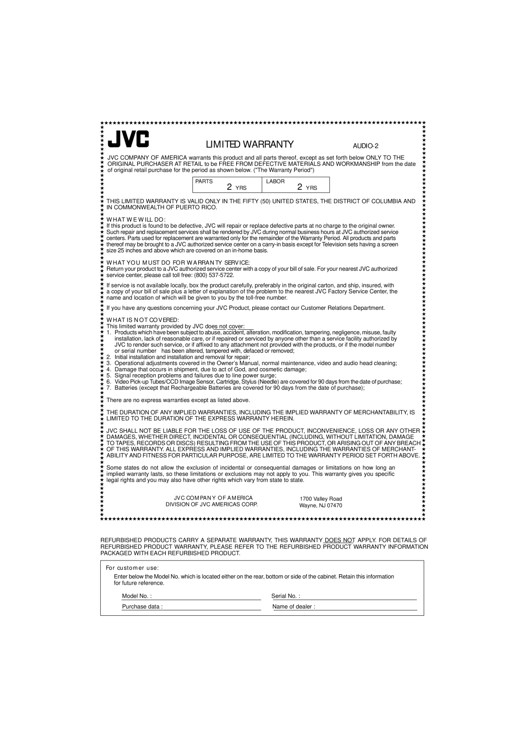 JVC RX-5022VSL, RX-5020VBK manual Limited Warranty 