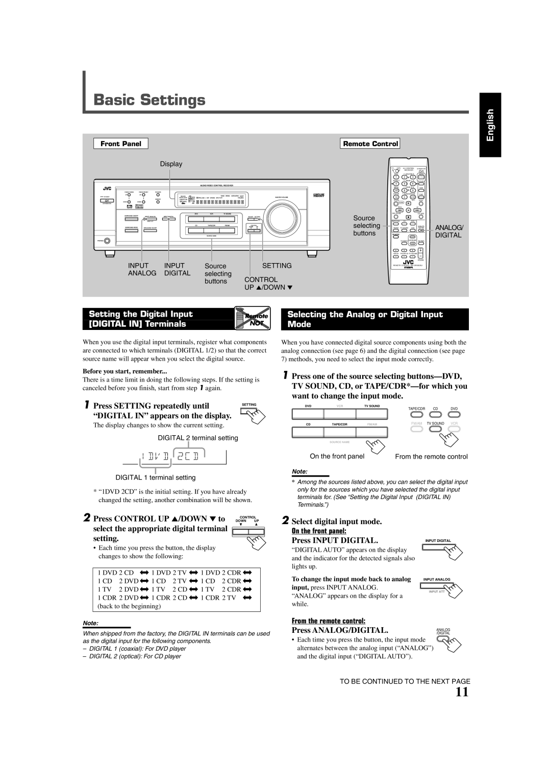 JVC RX-5022VSL, RX-5020VBK manual Basic Settings, UP 5/DOWN ∞ 