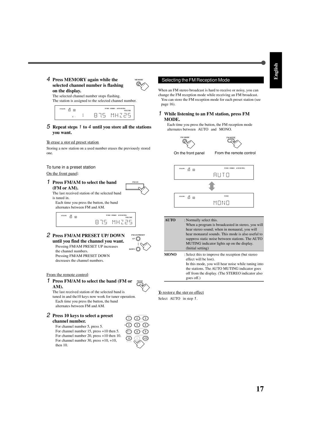 JVC RX-5022VSL, RX-5020VBK manual Selecting the FM Reception Mode 