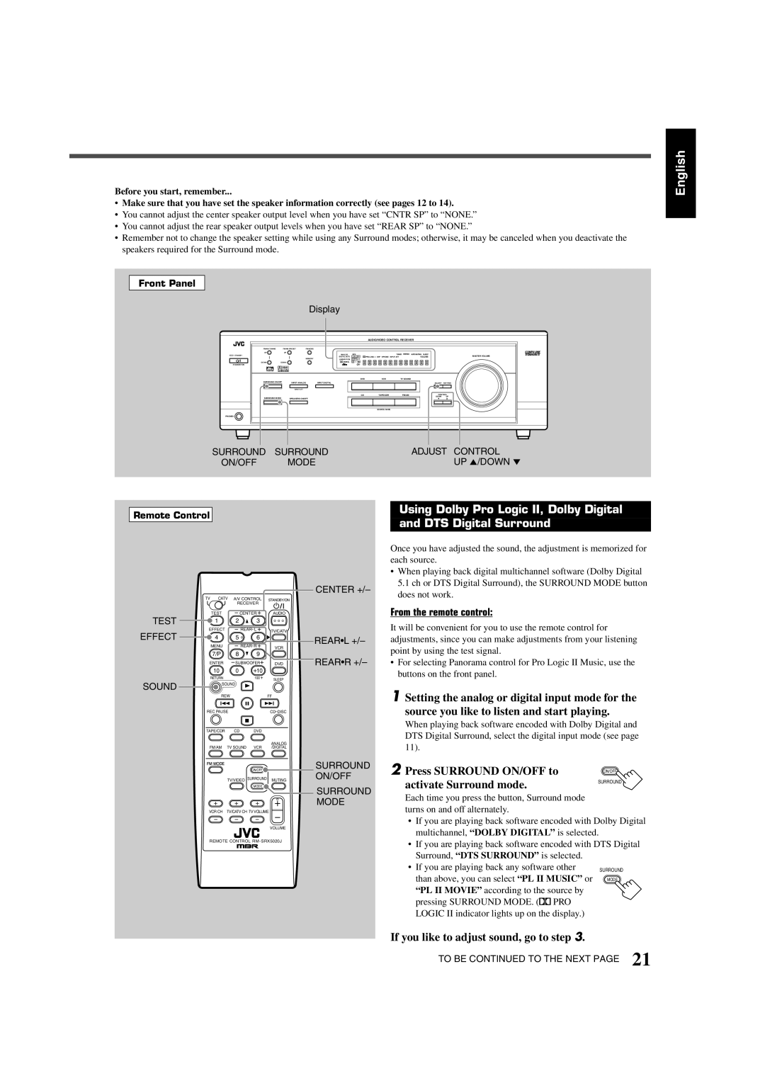 JVC RX-5022VSL, RX-5020VBK manual Using Dolby Pro Logic II, Dolby Digital DTS Digital Surround 