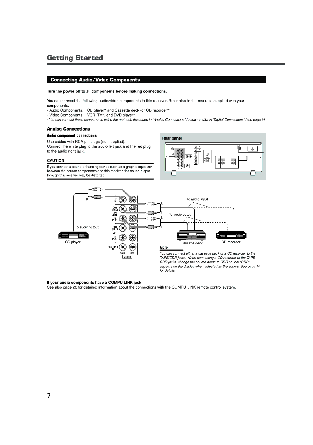 JVC RX-5030VBK manual Getting Started, Connecting Audio/Video Components, Analog Connections Audio component connections 