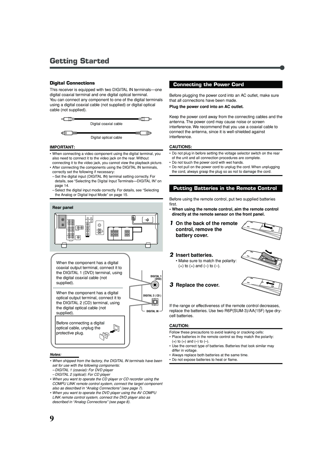 JVC RX-5030VBK Connecting the Power Cord, Putting Batteries in the Remote Control, Replace the cover, Digital Connections 