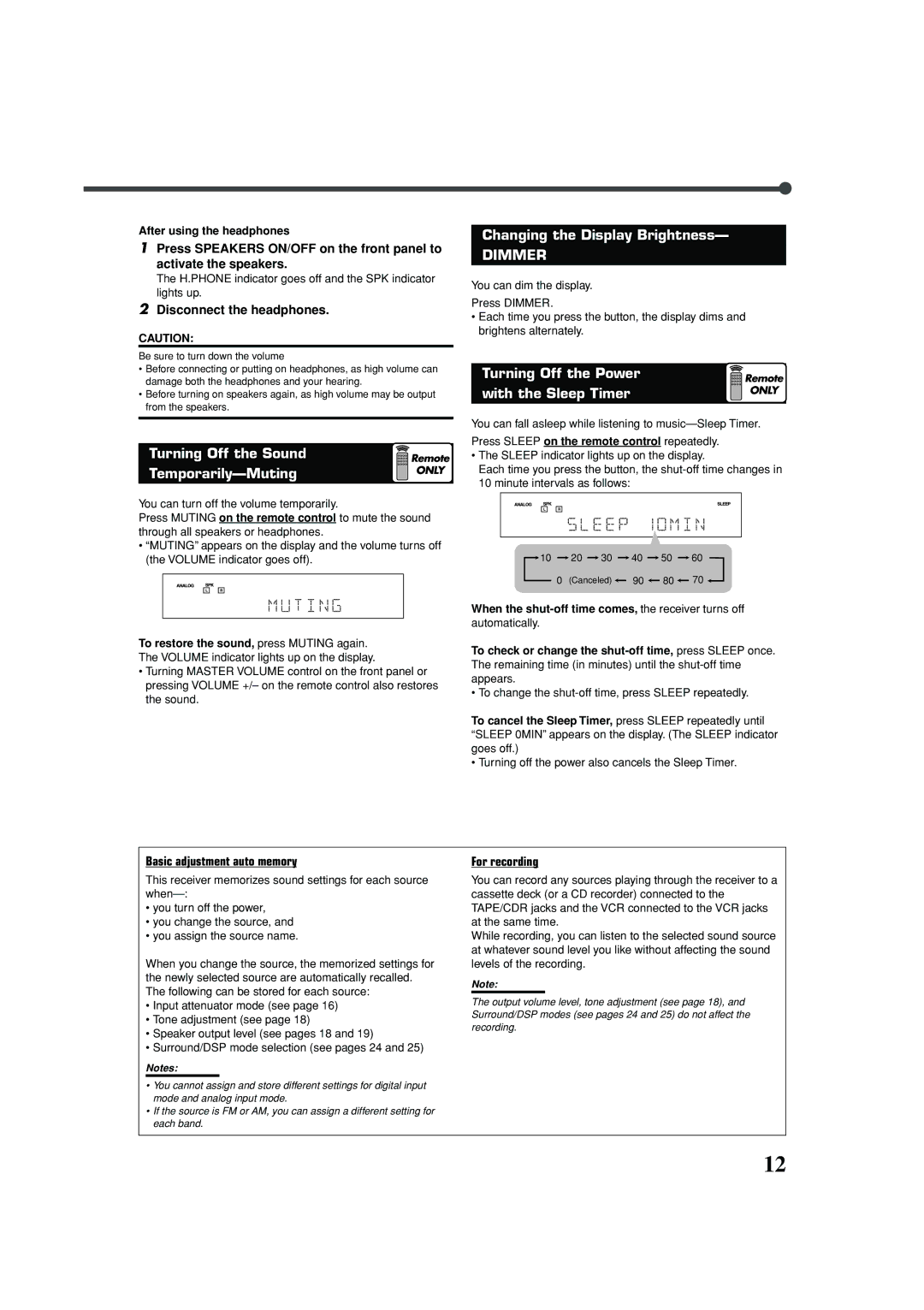 JVC RX-5030VBK manual Turning Off the Sound Temporarily-Muting, Changing the Display Brightness 