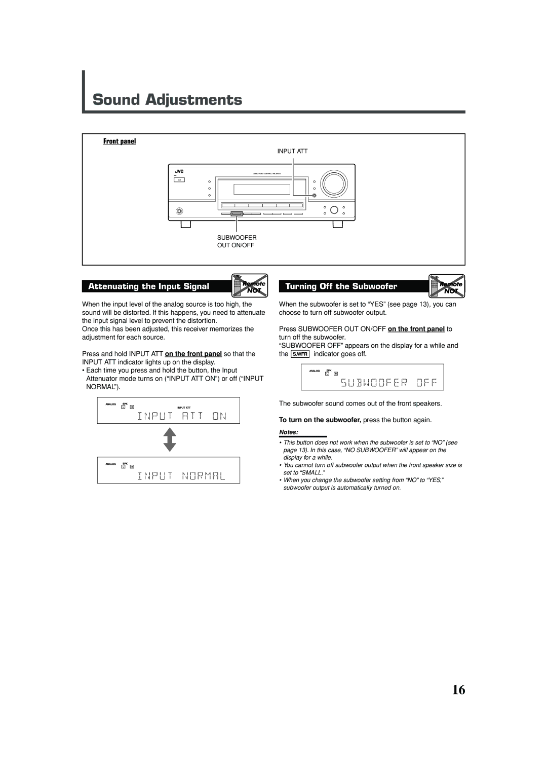 JVC RX-5030VBK manual Sound Adjustments, To turn on the subwoofer, press the button again 