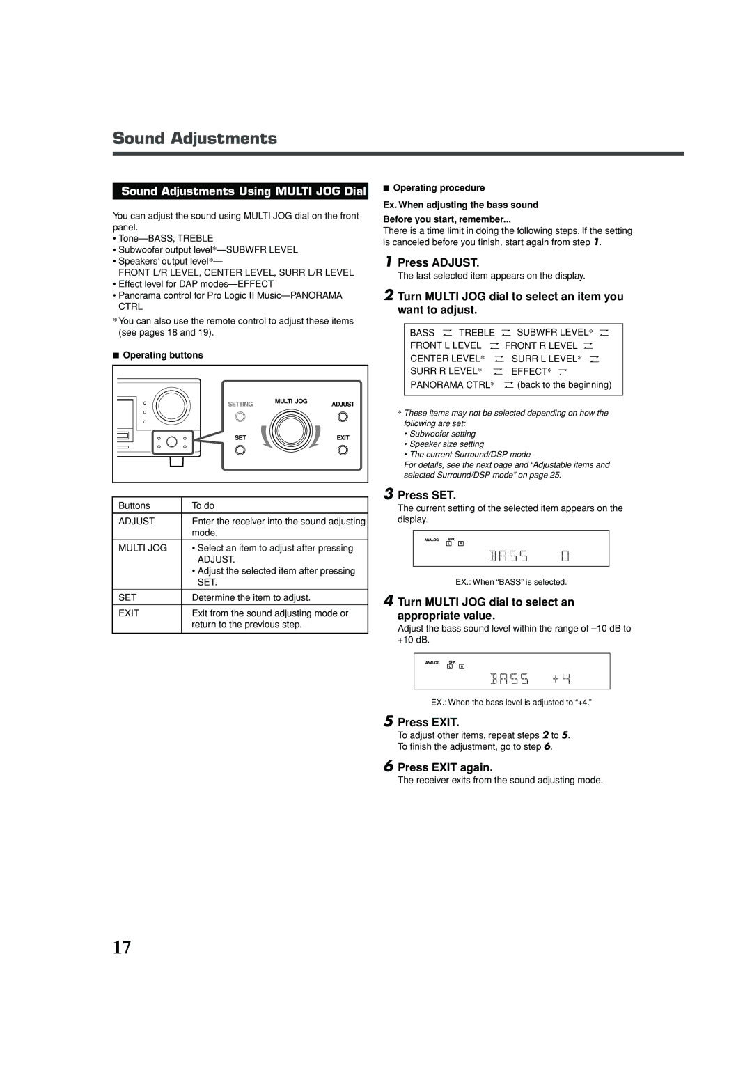 JVC RX-5030VBK manual Sound Adjustments Using Multi JOG Dial, Press Adjust 