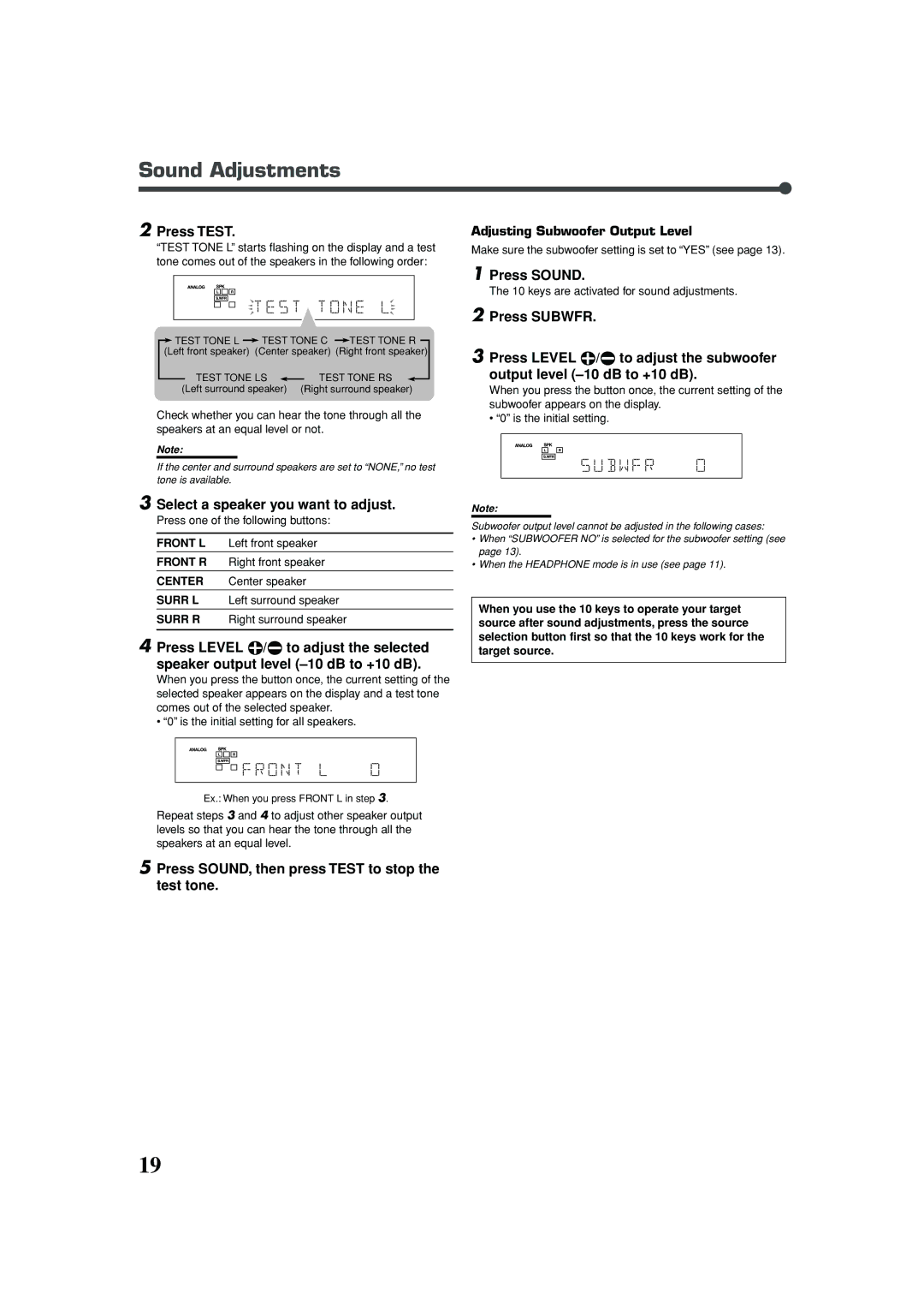 JVC RX-5030VBK manual Press Test, Select a speaker you want to adjust, Press SOUND, then press Test to stop the test tone 