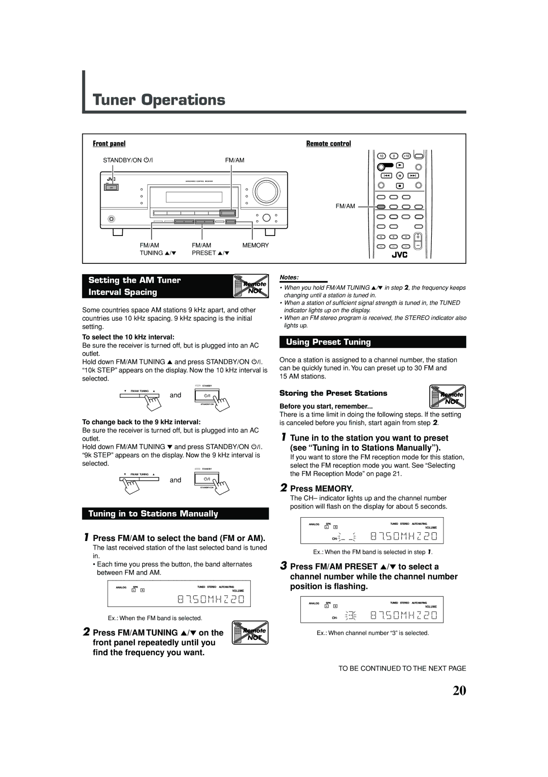 JVC RX-5030VBK manual Tuner Operations, Setting the AM Tuner, Interval Spacing, Using Preset Tuning 