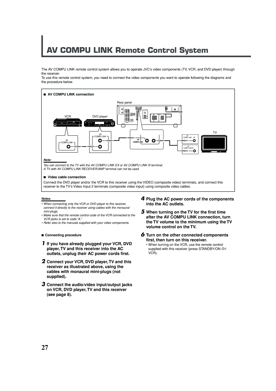 JVC RX-5030VBK AV Compu Link Remote Control System, AV Compu Link connection, Video cable connection, Connecting procedure 