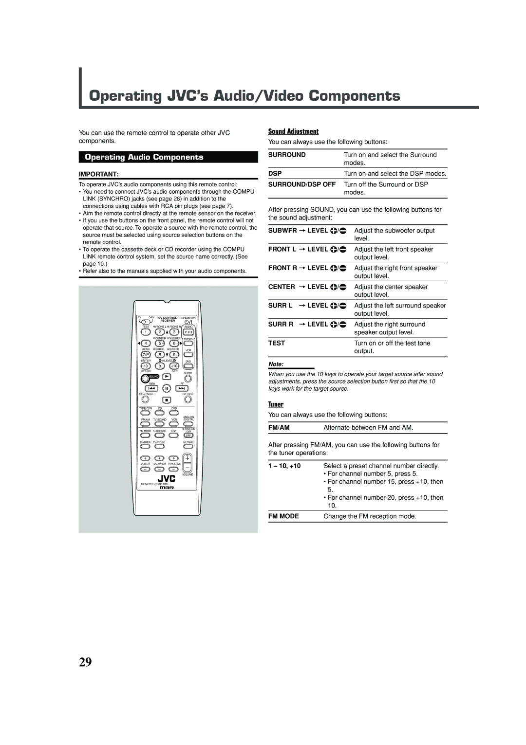 JVC RX-5030VBK manual Operating JVC’s Audio/Video Components, Operating Audio Components, Sound Adjustment, Tuner 