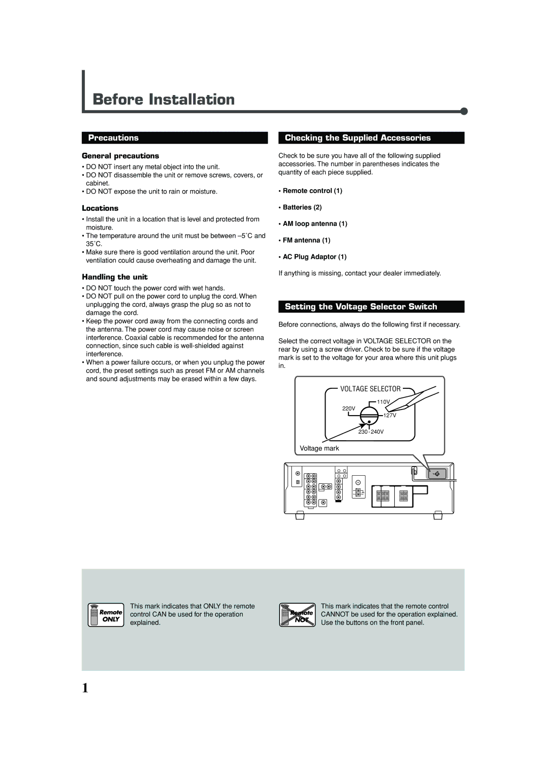 JVC RX-5030VBK Before Installation, Precautions, Checking the Supplied Accessories, Setting the Voltage Selector Switch 