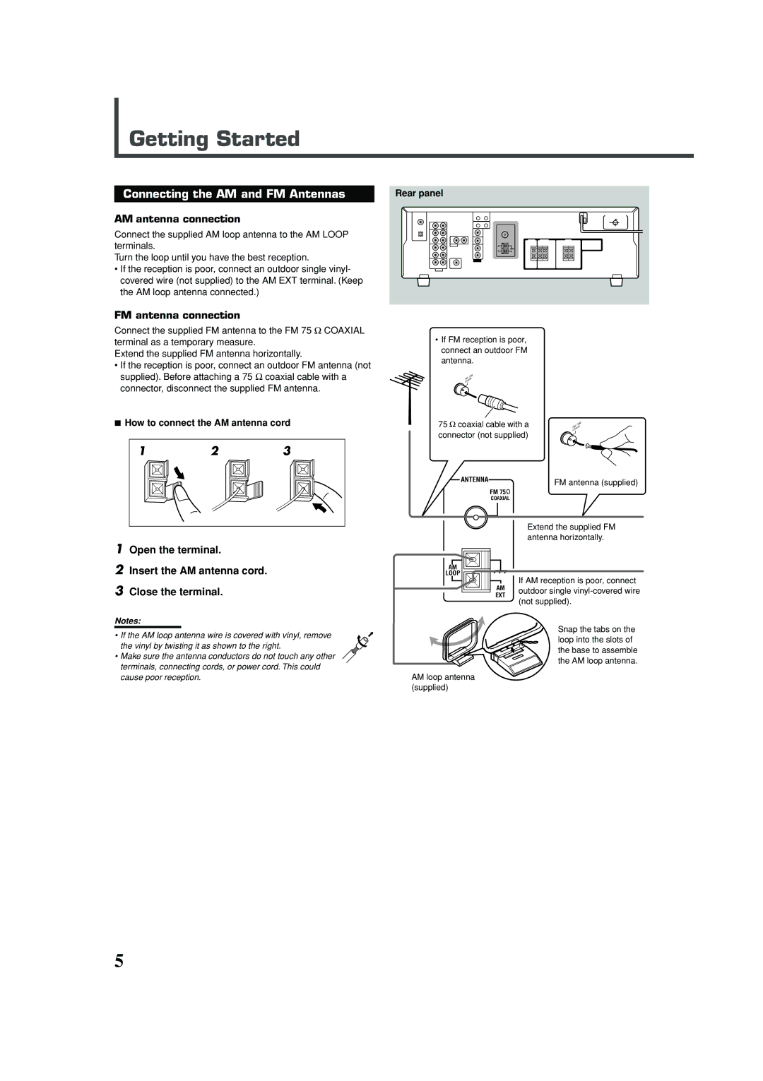 JVC RX-5030VBK manual Getting Started, Connecting the AM and FM Antennas, AM antenna connection, FM antenna connection 