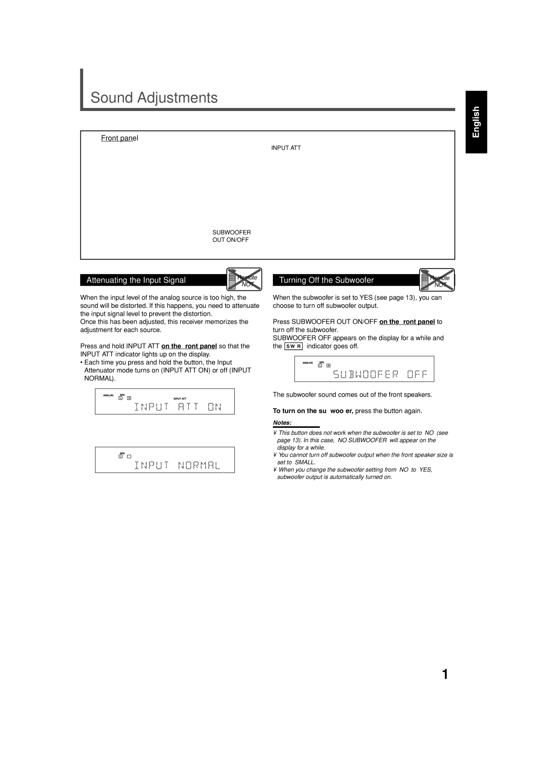 JVC RX-5032VSL manual Sound Adjustments, To turn on the subwoofer, press the button again 