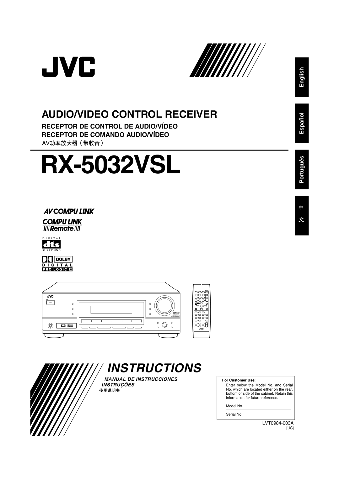 JVC RX-5032VSL manual Instructions, Audio/Video Control Receiver, English Español Português, LVT0984-003A, D I G I T A L 
