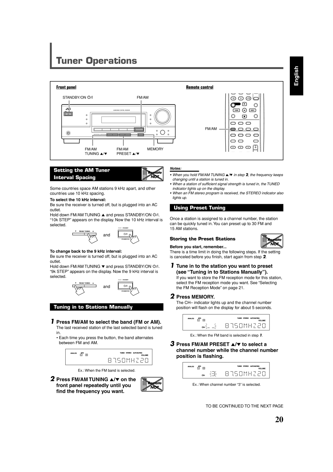 JVC RX-5032VSL manual Tuner Operations, English, Setting the AM Tuner, Interval Spacing, Tuning in to Stations Manually 