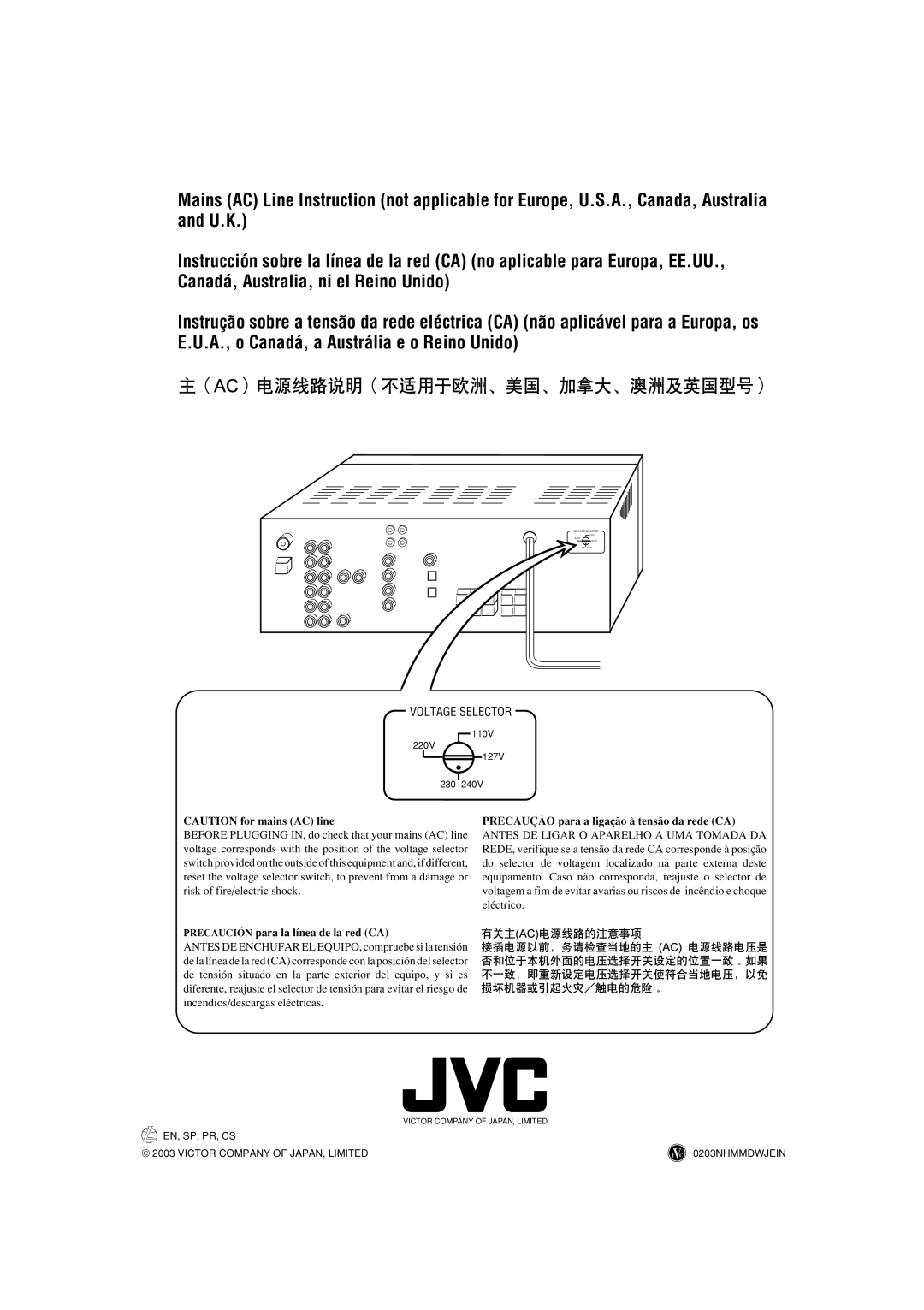 JVC RX-5032VSL manual CAUTION for mains AC line, PRECAUCIÓN para la línea de la red CA, En, Sp, Pr, Cs, 0203NHMMDWJEIN 