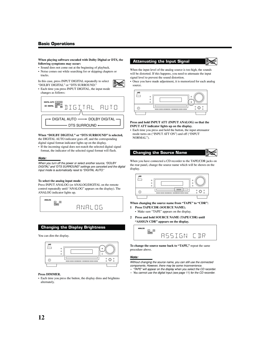 JVC RX-5052S, RX-5050B manual Changing the Display Brightness, When Dolby Digital or DTS Surround is selected, Press Dimmer 