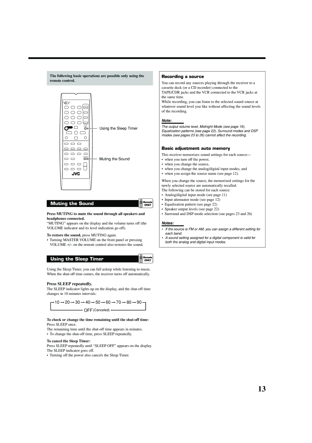 JVC RX-5050B, RX-5052S manual Muting the Sound, Using the Sleep Timer, Recording a source, Basic adjustment auto memory 