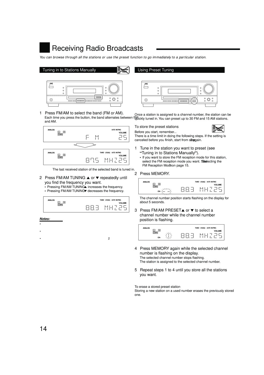 JVC RX-5052S, RX-5050B manual Receiving Radio Broadcasts, Tuning in to Stations Manually, Using Preset Tuning, Press Memory 