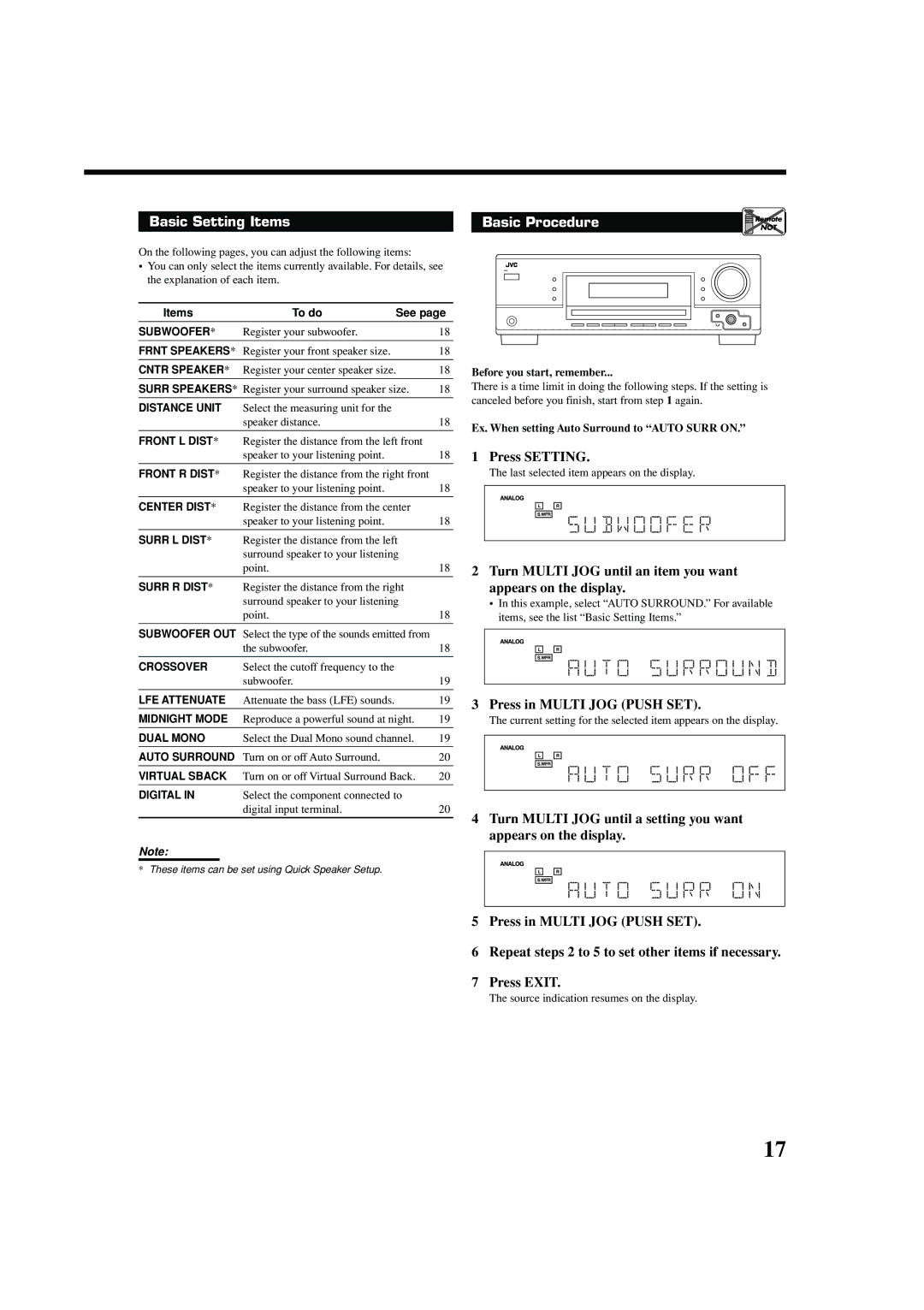 JVC RX-5050B, RX-5052S manual Basic Setting Items, Press Setting, Ex. When setting Auto Surround to Auto Surr on 