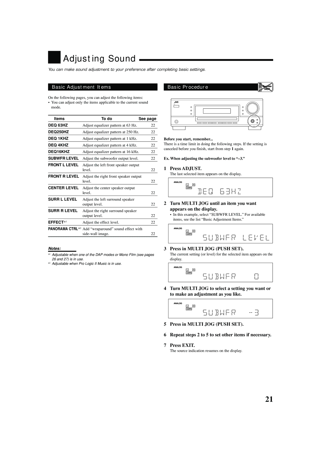 JVC RX-5050B, RX-5052S Adjusting Sound, Basic Adjustment Items, Press Adjust, Ex. When adjusting the subwoofer level to 