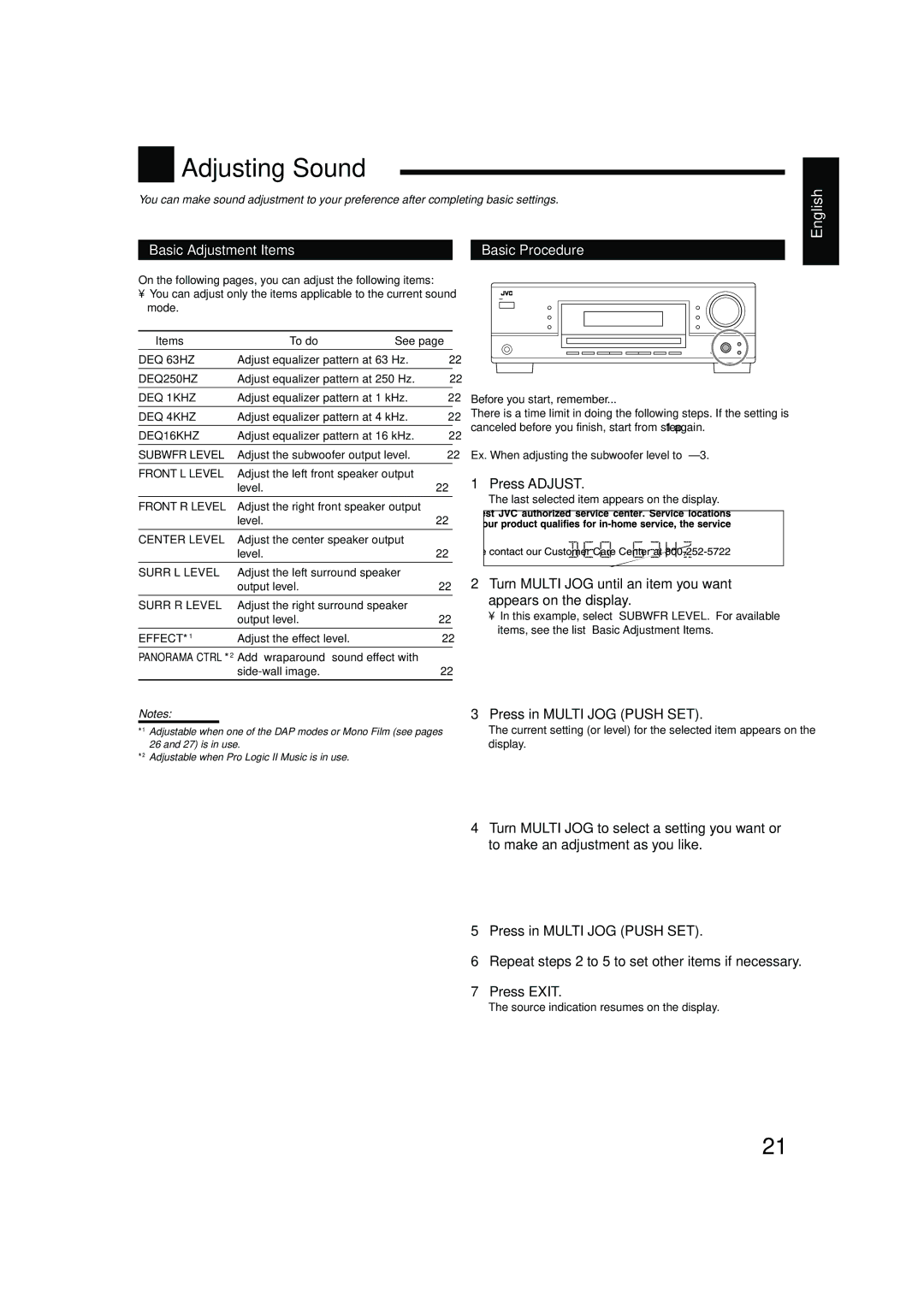 JVC RX-5052S, RX-5050B manual Adjusting Sound 