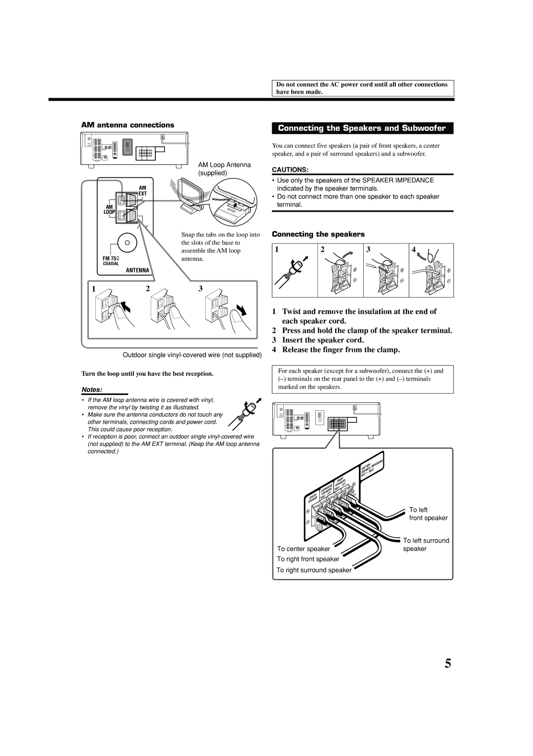 JVC RX-5050B, RX-5052S manual Connecting the Speakers and Subwoofer, AM antenna connections, Connecting the speakers 