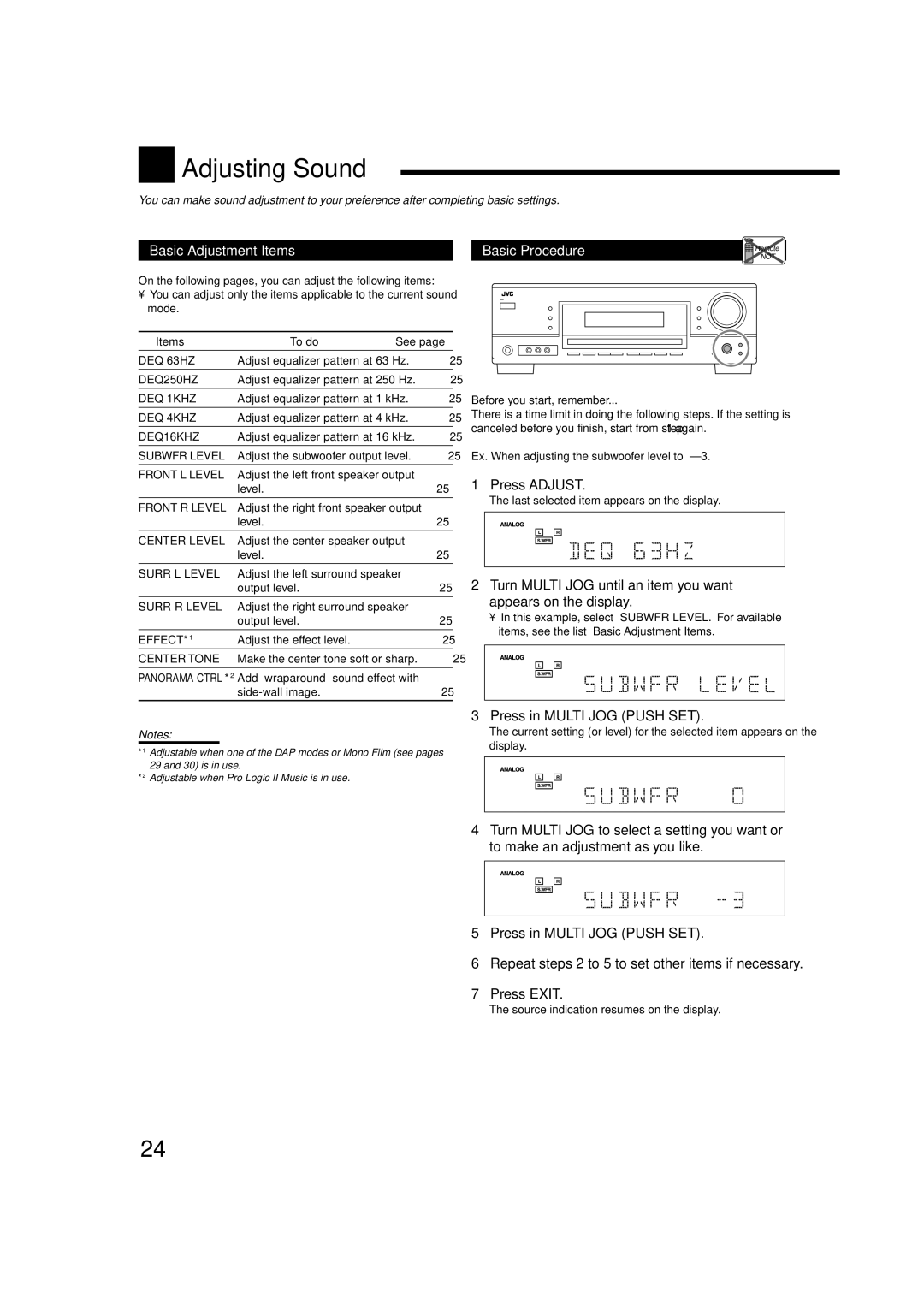 JVC RX-5060B manual is in use Adjustable when Pro Logic II Music is in use 