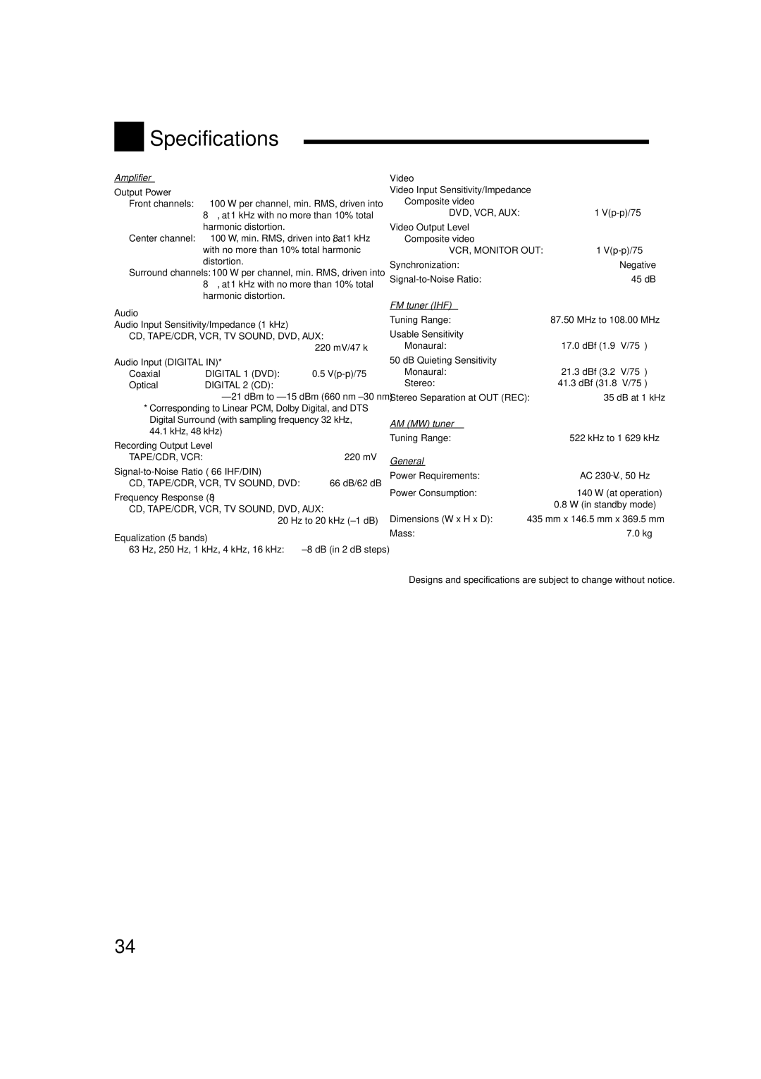 JVC RX-5060B manual Specifications, AM MW tuner 