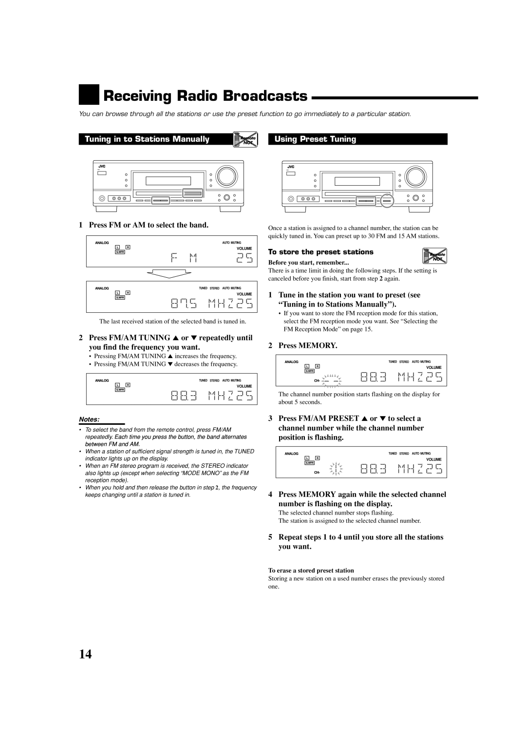 JVC RX-5060B manual Receiving Radio Broadcasts, Tuning in to Stations Manually, Using Preset Tuning 