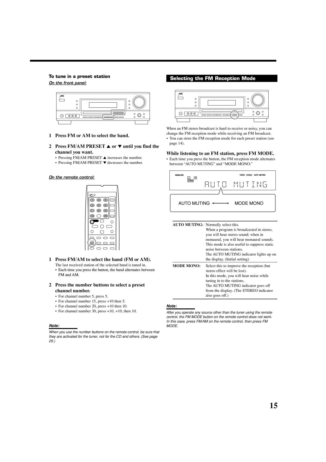 JVC RX-5060B manual Selecting the FM Reception Mode, To tune in a preset station 