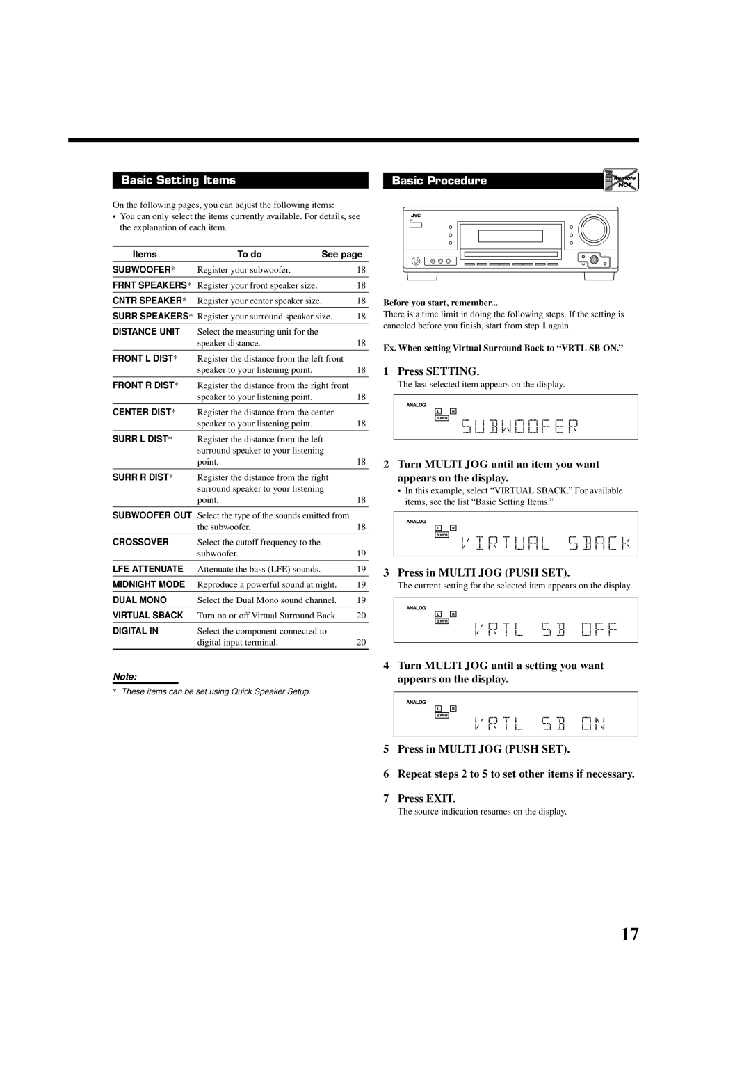 JVC RX-5060B manual Basic Setting Items, Ex. When setting Virtual Surround Back to Vrtl SB on 