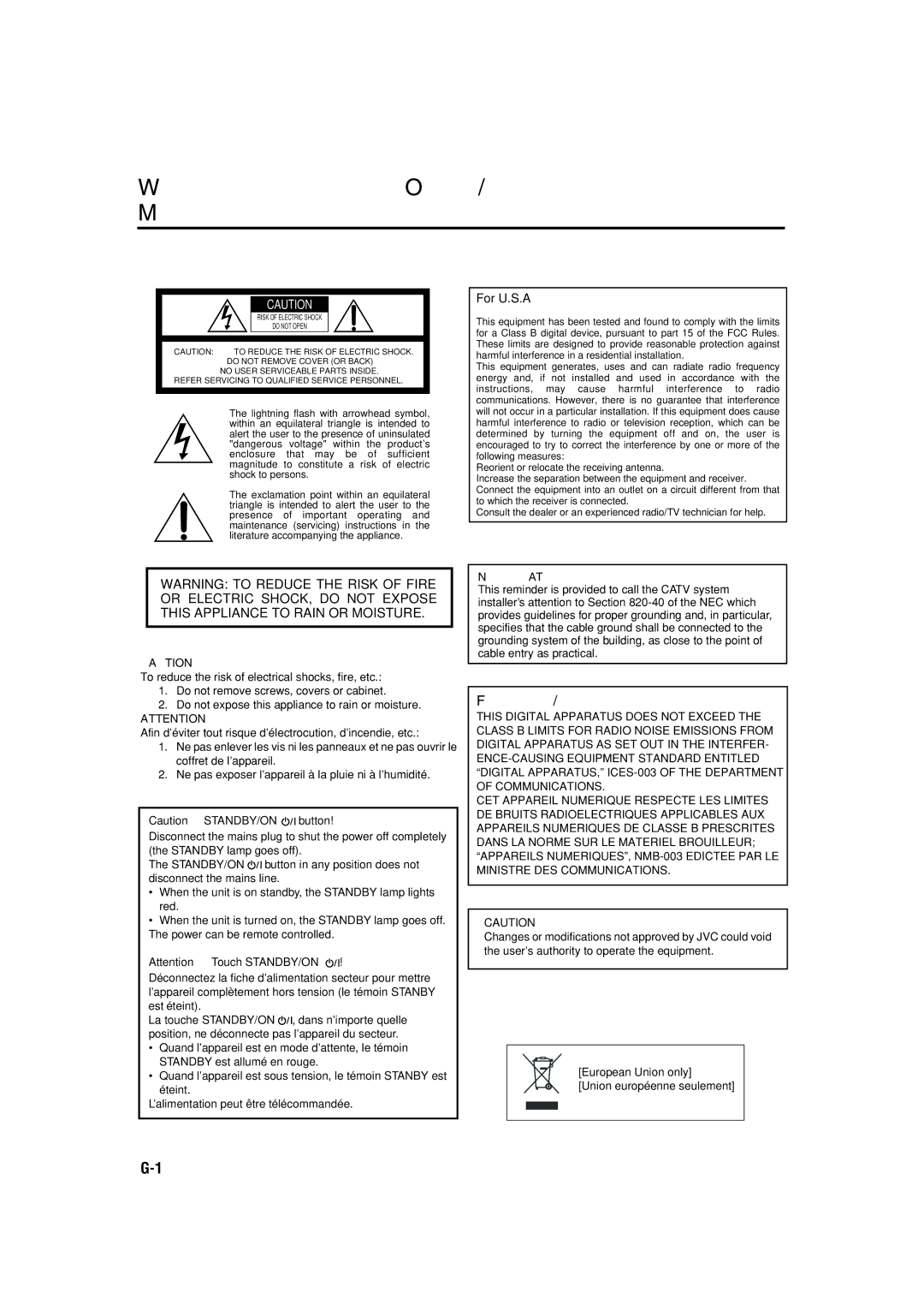 JVC RX-5060B manual Mises en garde, précautions et indications diverses, For U.S.A 