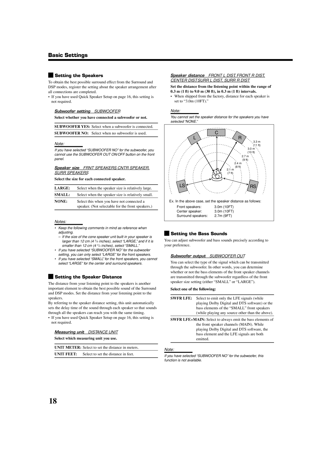 JVC RX-5060B manual Setting the Speakers, Setting the Speaker Distance, Setting the Bass Sounds 