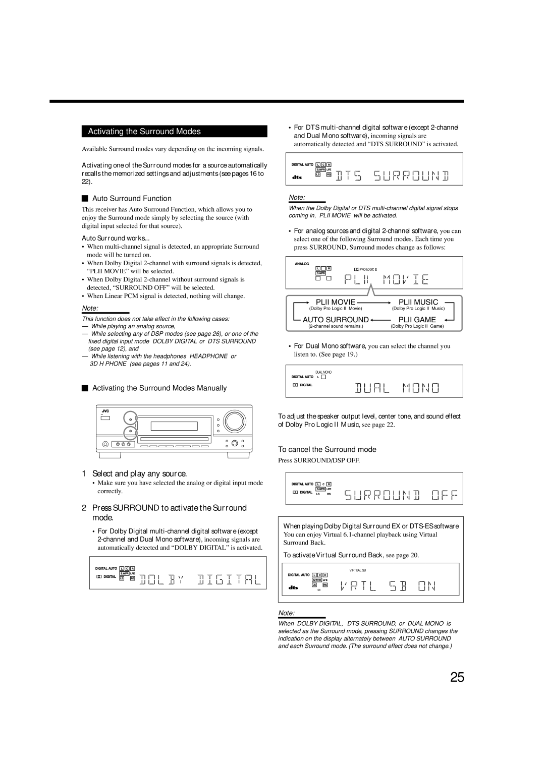 JVC RX-5060B manual Auto Surround Function, Activating the Surround Modes Manually, To cancel the Surround mode 