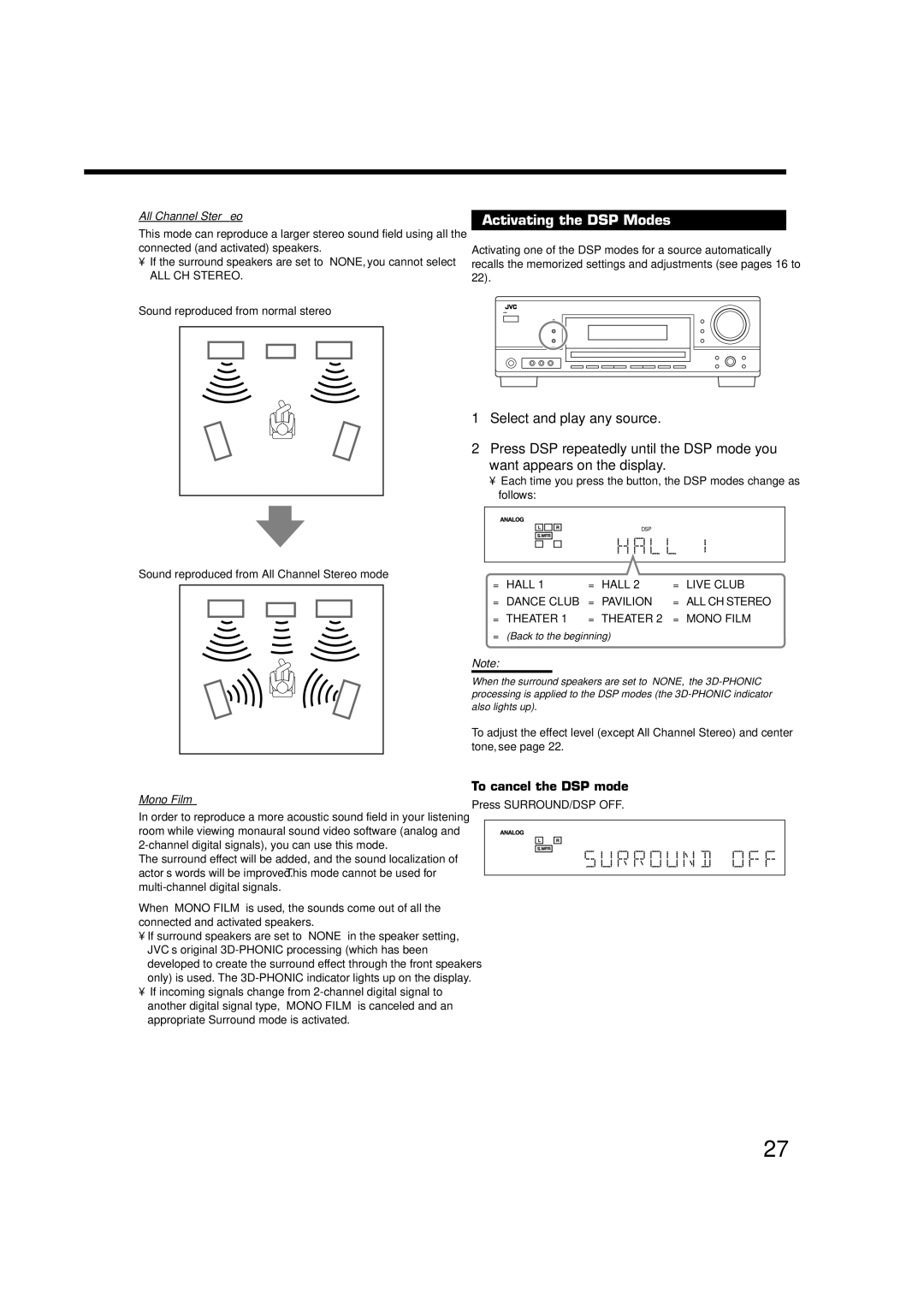 JVC RX-5060B manual Activating the DSP Modes, To cancel the DSP mode, All Channel Stereo, Mono Film 