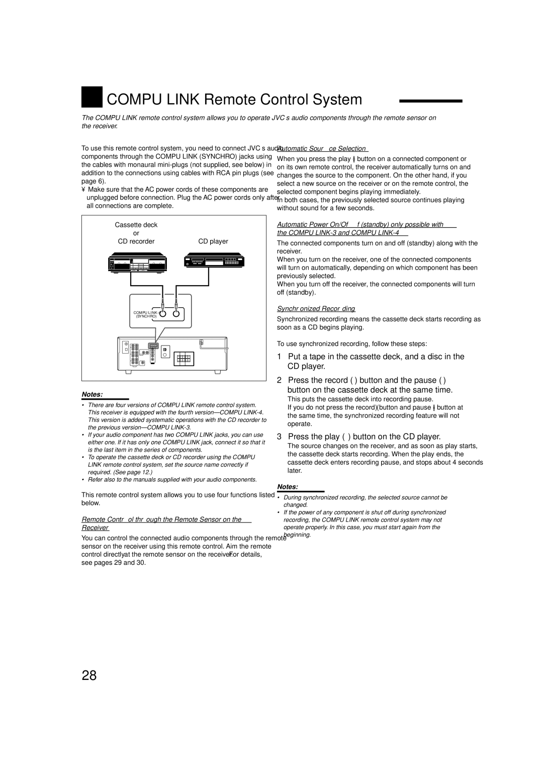 JVC RX-5060B manual Compu Link Remote Control System, Automatic Source Selection, Synchronized Recording 