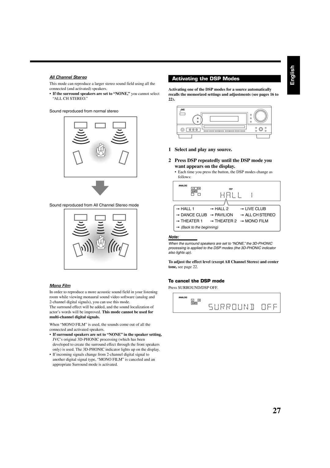 JVC RX-5060B manual Activating the DSP Modes 