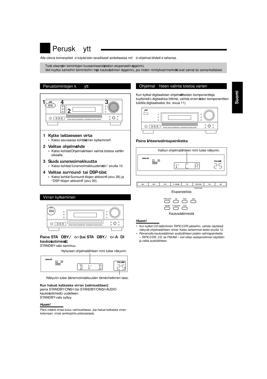 JVC RX-5060S manual Peruskäyttö, Perustoimintojen käyttö, Virran kytkeminen, Ohjelmalähteen valinta toistoa varten 