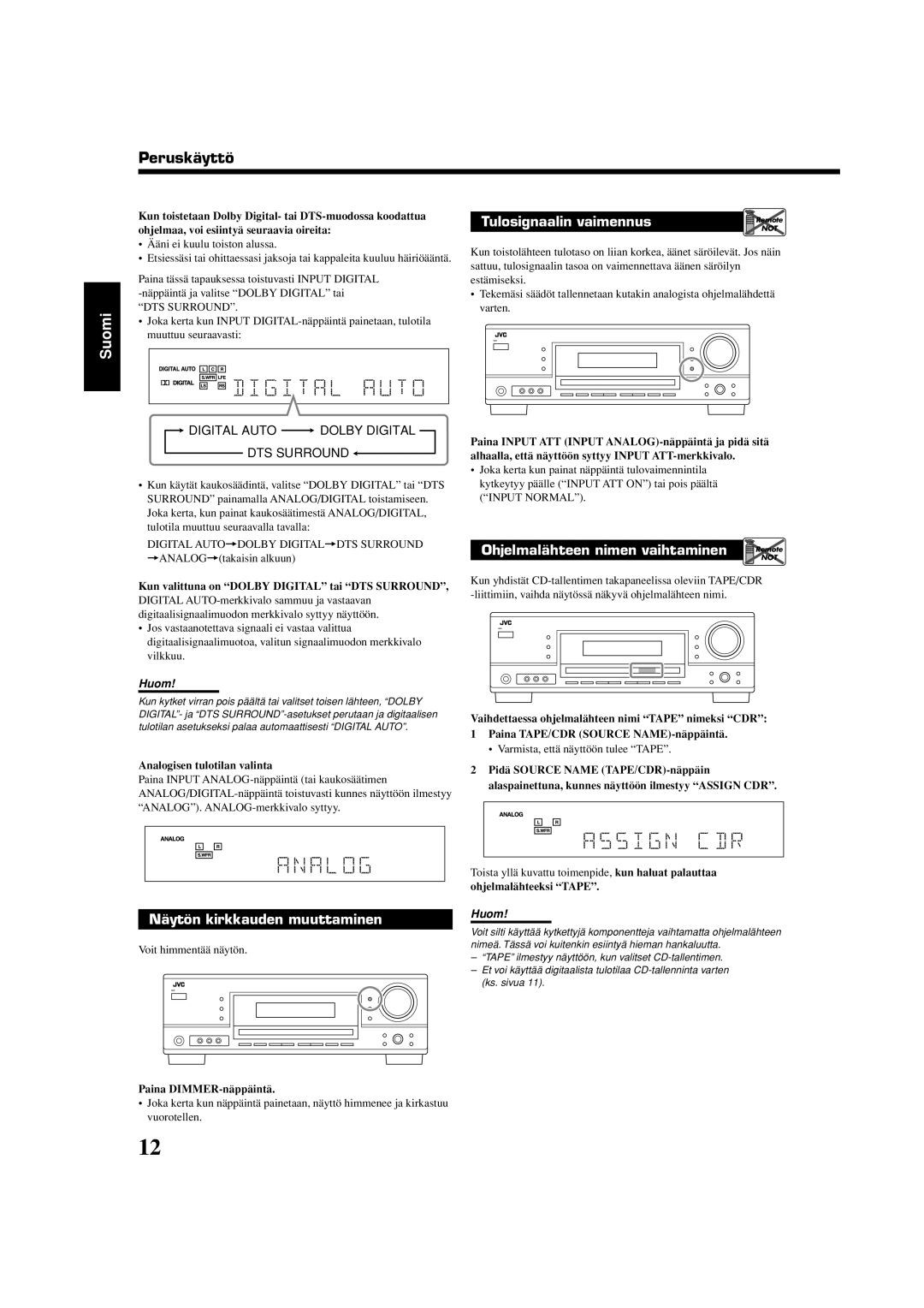 JVC RX-5060S manual Kun valittuna on Dolby Digital tai DTS Surround, Analogisen tulotilan valinta, Ohjelmalähteeksi Tape 