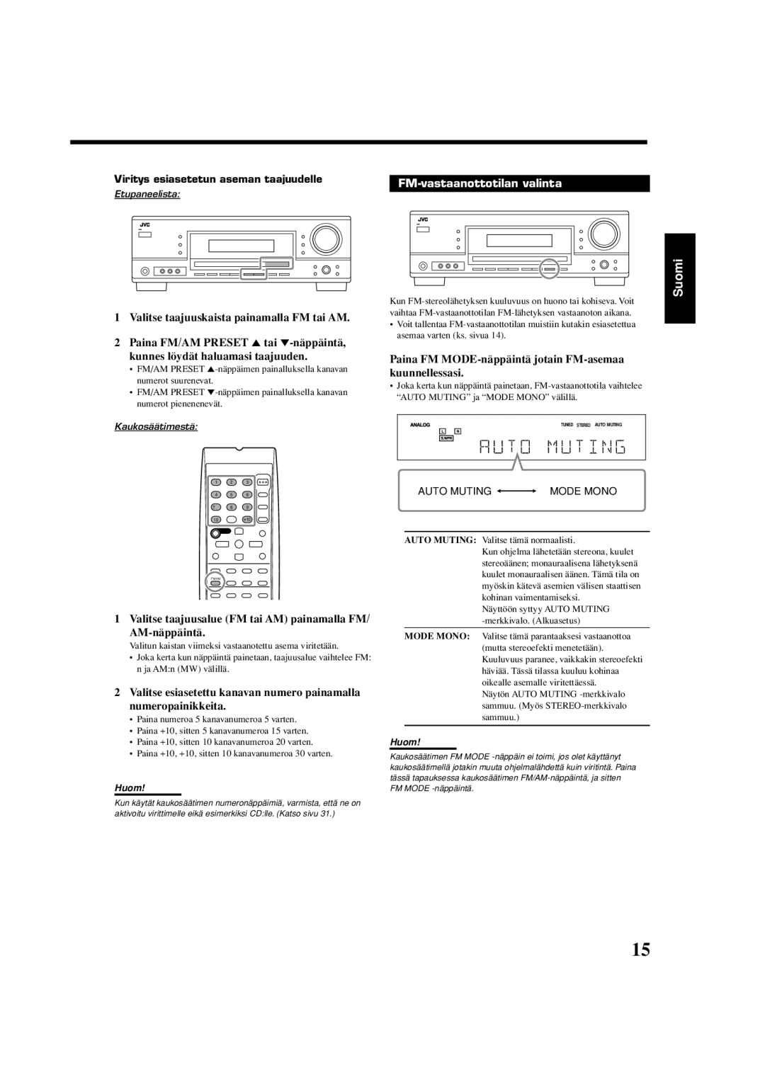 JVC RX-5060S manual FM-vastaanottotilan valinta, Viritys esiasetetun aseman taajuudelle 