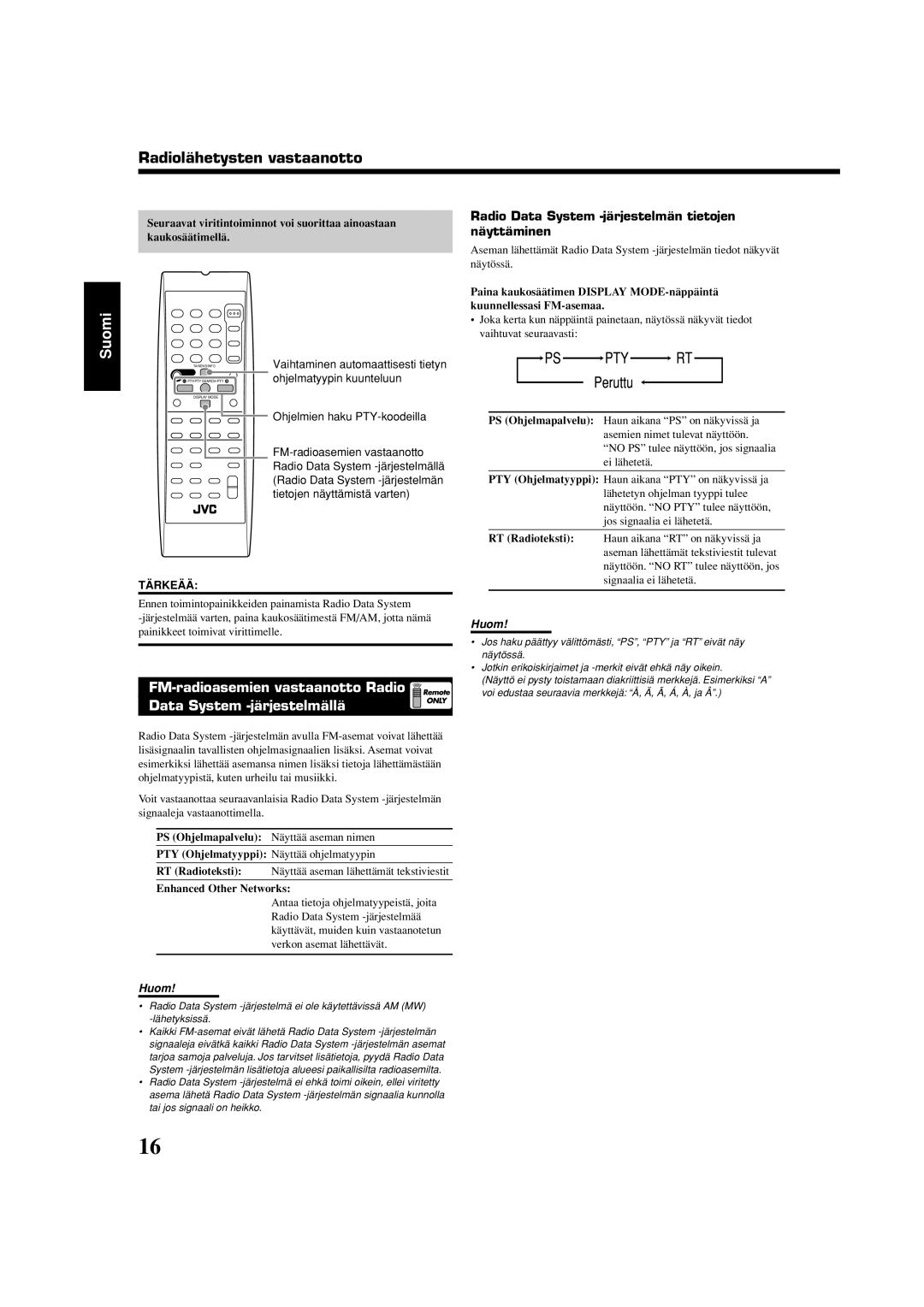 JVC RX-5060S Radio Data System -järjestelmän tietojen näyttäminen, Ohjelmatyypin kuunteluun, Ohjelmien haku PTY-koodeilla 