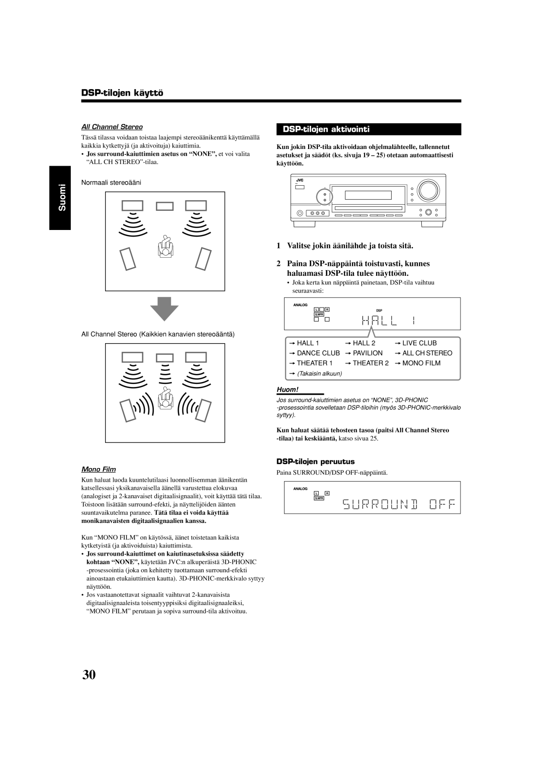 JVC RX-5060S manual DSP-tilojen aktivointi, DSP-tilojen peruutus, All Channel Stereo, Mono Film 