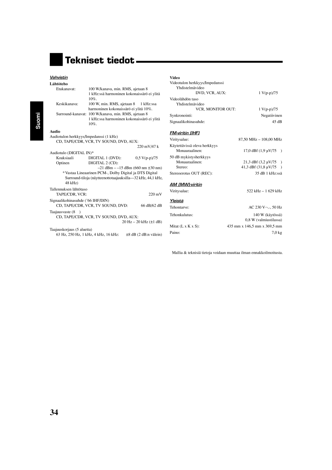 JVC RX-5060S manual Tekniset tiedot, Lähtöteho, Audio, Video 