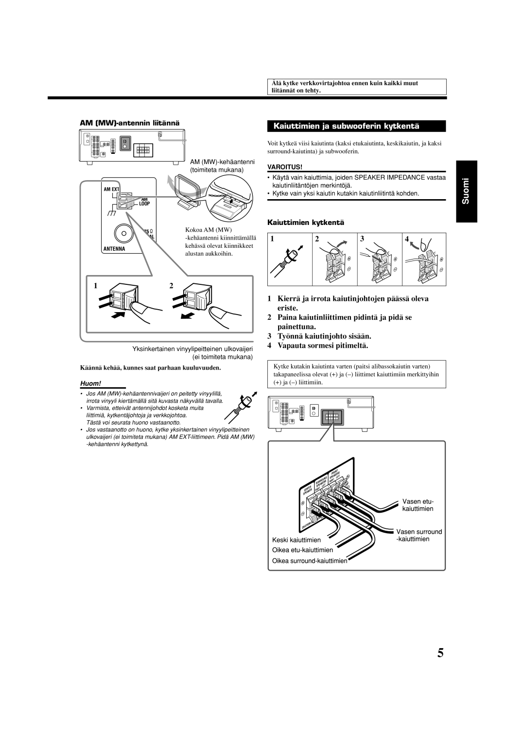 JVC RX-5060S manual Kaiuttimien ja subwooferin kytkentä, AM MW-antennin liitännä, Kaiuttimien kytkentä 