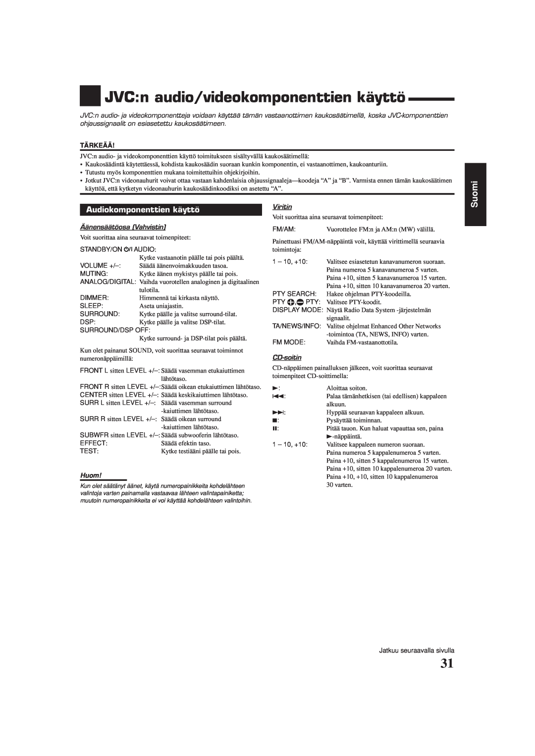JVC RX-5060S manual JVC n audio/videokomponenttien käyttö, Audiokomponenttien käyttö, Suomi, Äänensäätöosa Vahvistin, Huom 