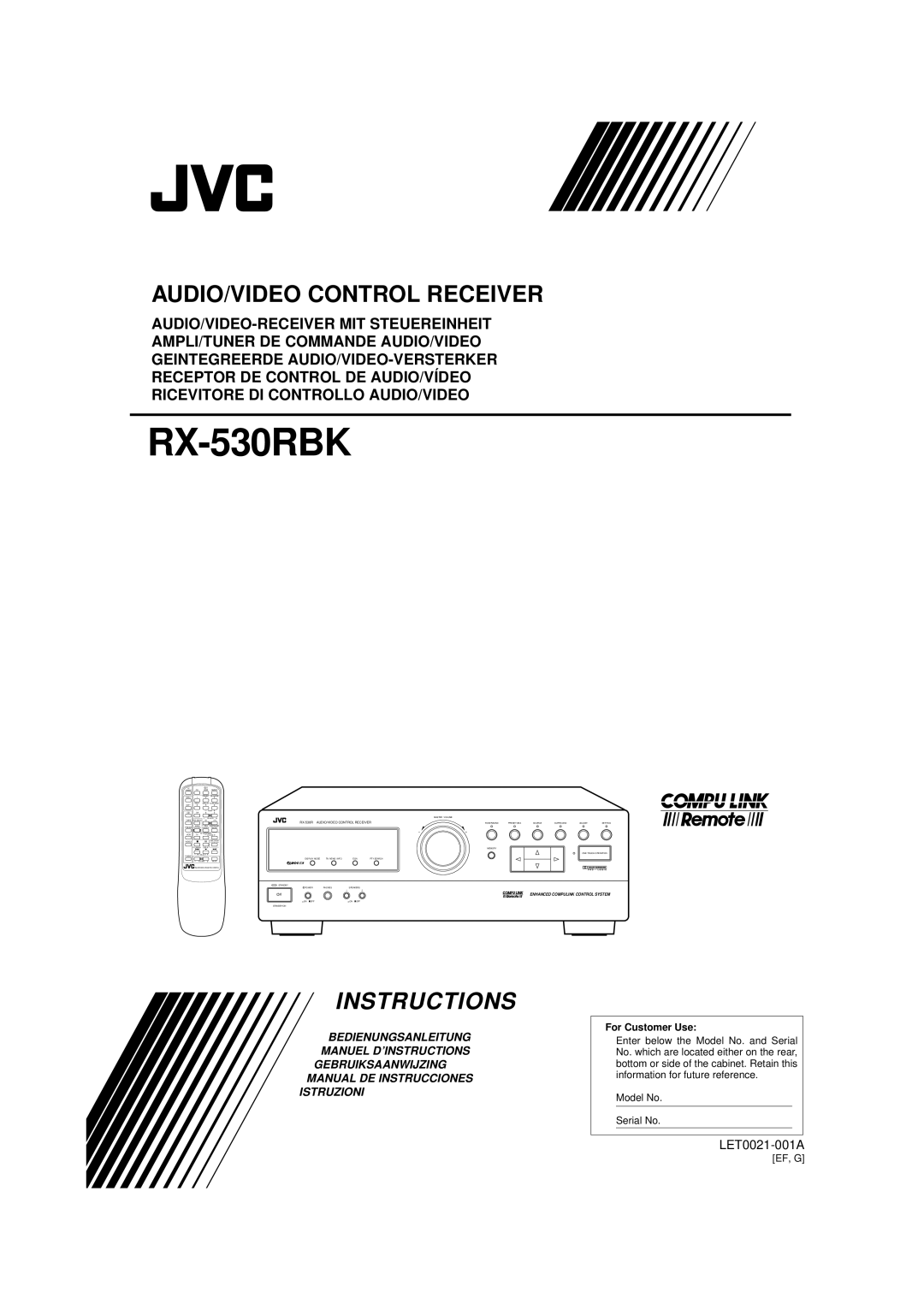 JVC 0497OFYOTKJEMEN, RX-530RBK manual AUDIO/VIDEO Control Receiver, LET0021-001A 