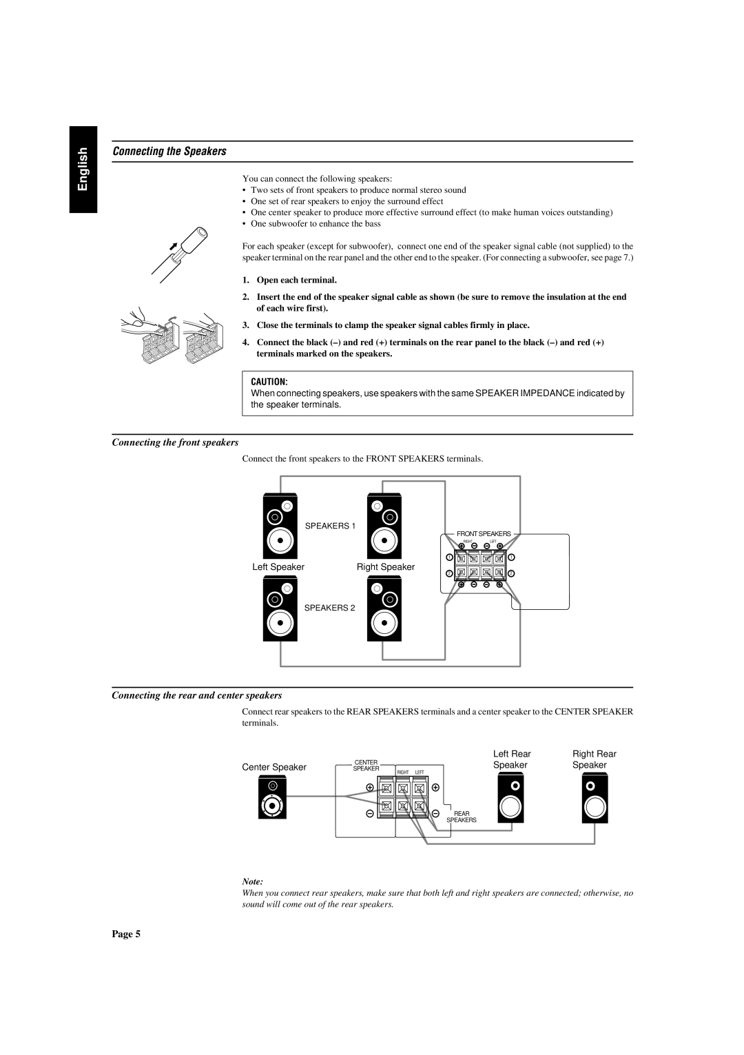 JVC 0497OFYOTKJEMEN manual Connecting the Speakers, Connecting the front speakers, Connecting the rear and center speakers 