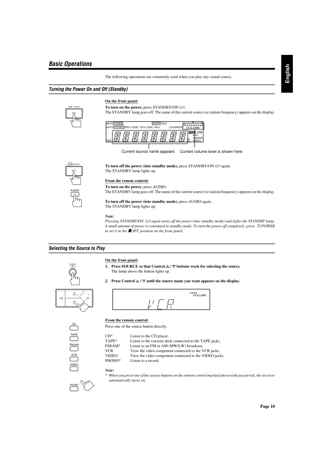 JVC RX-530RBK, 0497OFYOTKJEMEN manual Basic Operations, Turning the Power On and Off Standby, Selecting the Source to Play 