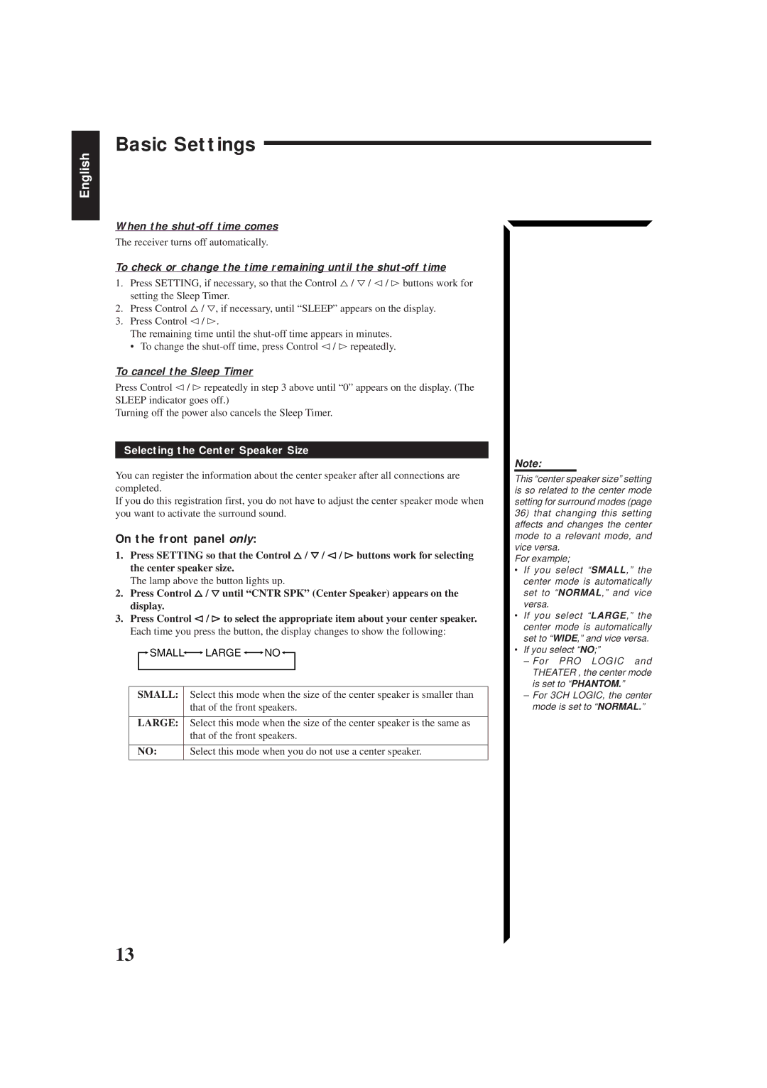 JVC RX-554RBK Basic Settings, When the shut-off time comes, To cancel the Sleep Timer, Selecting the Center Speaker Size 